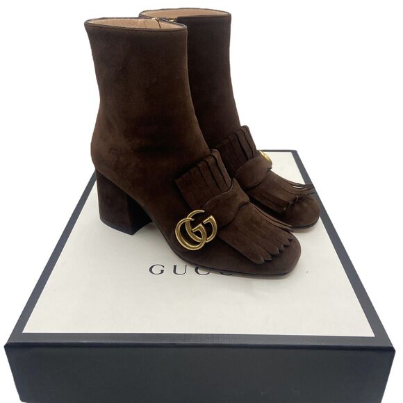 Gucci Marmont Fringe Double G Brown Suede Heeled Ankle Boot Size 36 US 6 - Picture 1 of 12